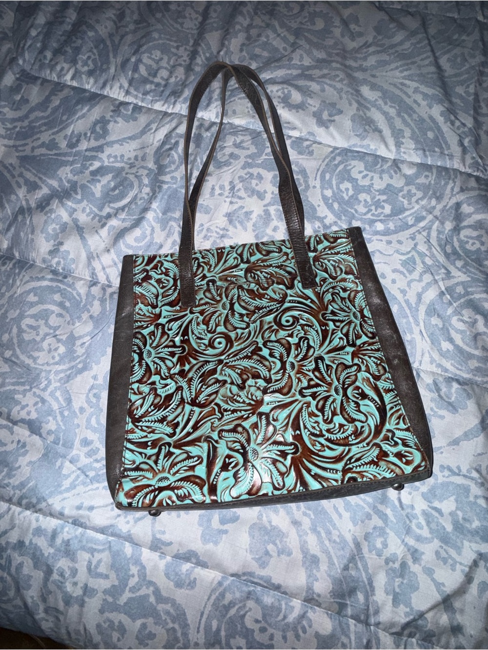 Patricia Nash Turquoise and Brown Embossed Leather Tote